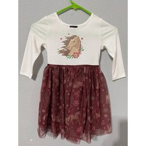 Lilt Kids Girls White Long Sleeve Horse Floral Burgundy Tulle Tutu Dress Size 5
